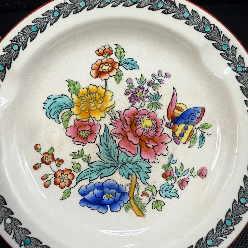 Copeland Late Spode Ashtray Floral Butterfly England Vintage 5 Inch Cream Red